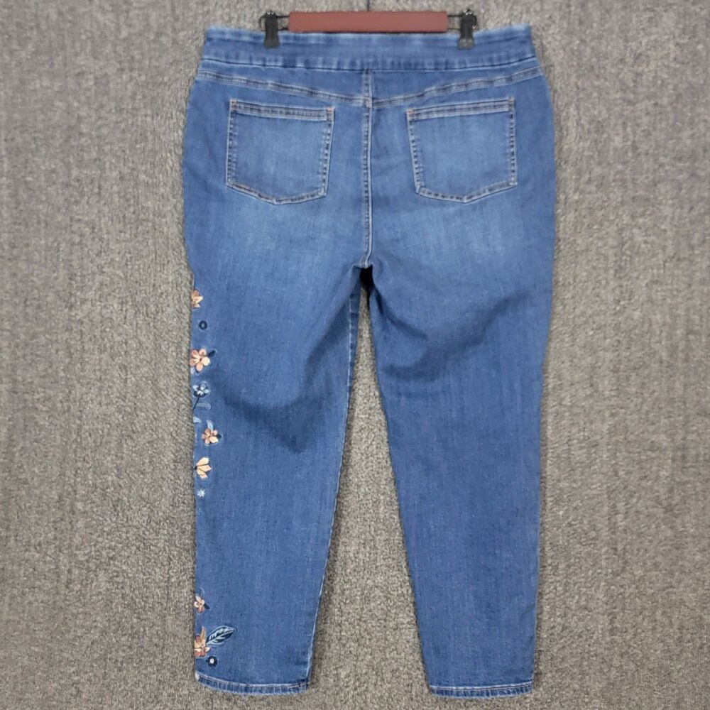 Chicos Jeans 3 Womens 16 Blue Pull On Jegging Ankle High Rise Floral Embroidered - Picture 8 of 12